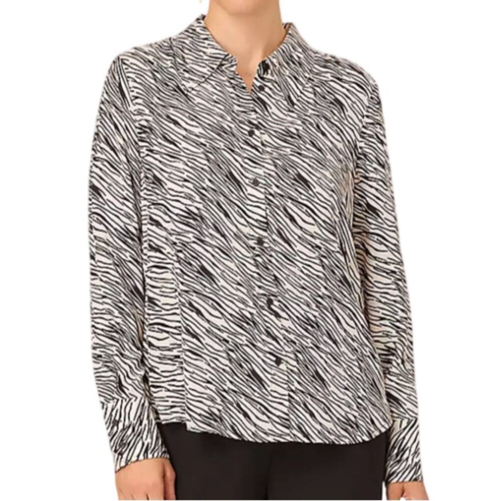 Adrianna Papell Printed Soft Crepe Woven Button Front Top - Zebra Size 2X - Picture 2 of 6